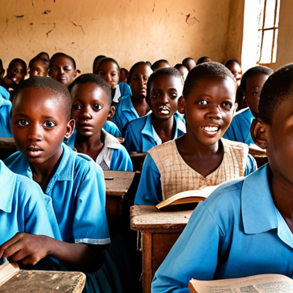 **

A crowded primary school classroom in rural Rwanda. Dilapidated conditions are evident: cracked walls, worn textbooks, and a large number of enthusiastic children. The scene highlights the dedication of the students despite the limited resources. Focus on the contrast between their eagerness and the impoverished environment.

**