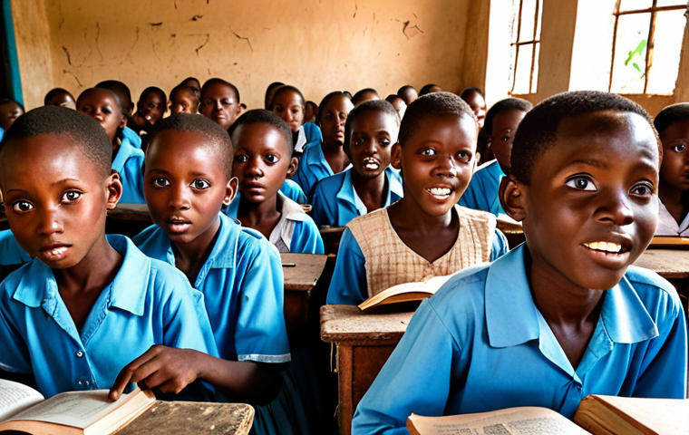 **

A crowded primary school classroom in rural Rwanda. Dilapidated conditions are evident: cracked walls, worn textbooks, and a large number of enthusiastic children. The scene highlights the dedication of the students despite the limited resources. Focus on the contrast between their eagerness and the impoverished environment.

**
