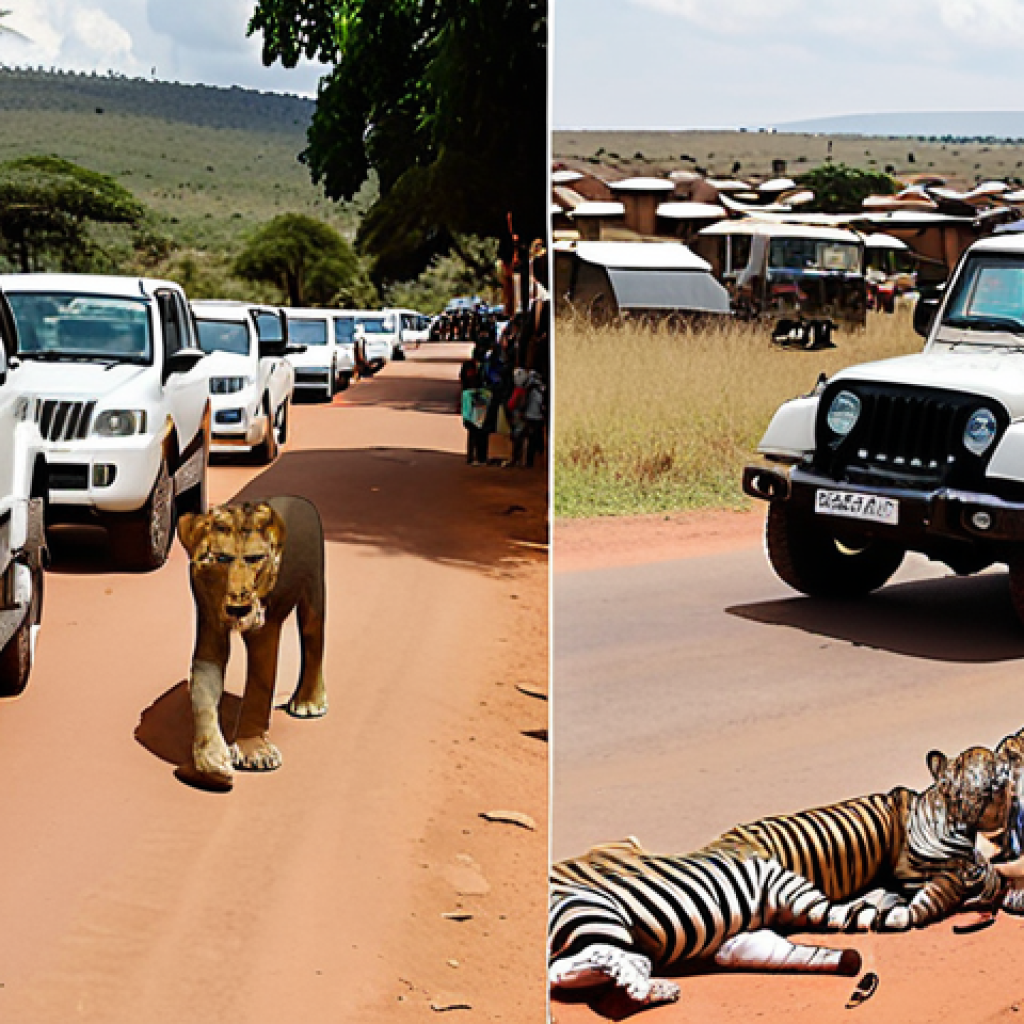 **Prompt:** A split-screen image. On the left, a pristine, modern Kigali street with electric vehicles, solar panels on buildings, and upscale tourists. On the right, a Kenyan safari scene in Masai Mara with crowded jeeps surrounding a lion, some trash visible. The overall tone is luxury conservation versus mass tourism.