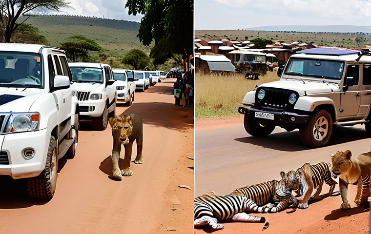 **Prompt:** A split-screen image. On the left, a pristine, modern Kigali street with electric vehicles, solar panels on buildings, and upscale tourists. On the right, a Kenyan safari scene in Masai Mara with crowded jeeps surrounding a lion, some trash visible. The overall tone is luxury conservation versus mass tourism.