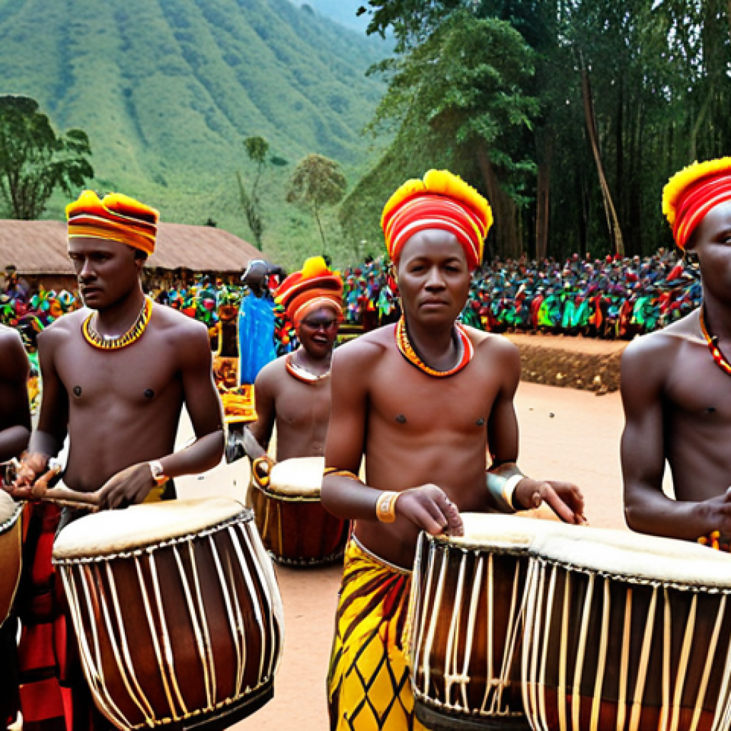 **Rwandan Drumming Ceremony:** A group of Rwandan drummers (Ingoma) in traditional clothing performing a synchronized drumming choreography during a traditional ceremony. Focus on the energy and visual spectacle.