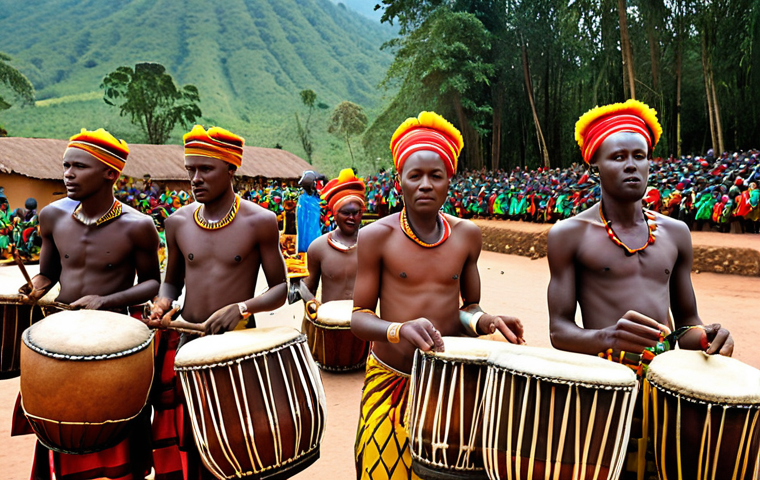 **Rwandan Drumming Ceremony:** A group of Rwandan drummers (Ingoma) in traditional clothing performing a synchronized drumming choreography during a traditional ceremony. Focus on the energy and visual spectacle.