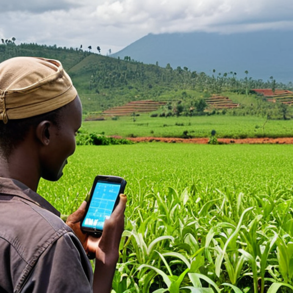 **Image Prompt:** A Rwandan farmer using a mobile app on a smartphone in a lush green field. The app displays real-time weather data and crop health information. In the background, a drone surveys the farmland. The scene should evoke a sense of modern agriculture and technological empowerment in a vibrant, rural Rwandan setting.