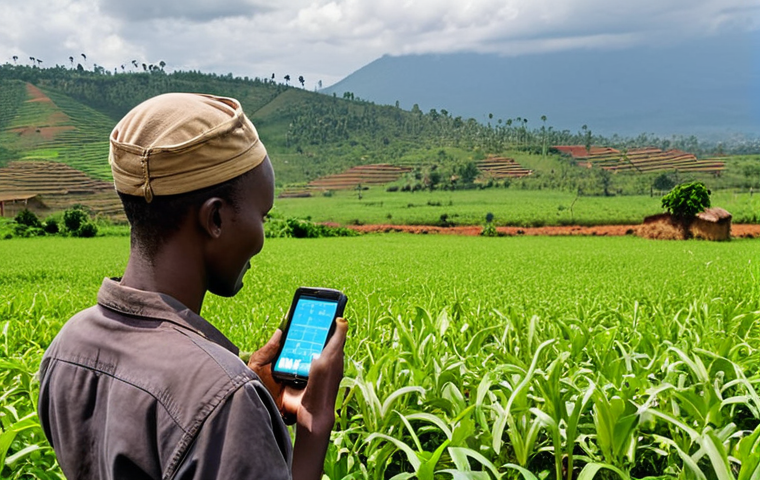 **Image Prompt:** A Rwandan farmer using a mobile app on a smartphone in a lush green field. The app displays real-time weather data and crop health information. In the background, a drone surveys the farmland. The scene should evoke a sense of modern agriculture and technological empowerment in a vibrant, rural Rwandan setting.