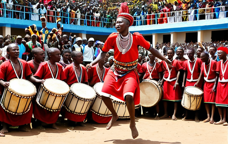 Intore Dance**

"Dynamic scene of Intore warriors performing. Focus on high jumps, energetic movements, vibrant traditional clothing, and the intensity of the drum rhythms. Gikongoro festival setting with a powerful atmosphere. Capture the pride and unity of the Rwandan people."

**