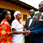 A vibrant and respectful Rwandan wedding tradition scene, capturing the 'Gusaba' (formal proposal) or 'Inkwano' negotiation. Elderly family members in rich, traditional attire are engaged in a solemn yet hopeful discussion, symbolizing the bonding of two lineages. A glimpse of the young couple looking on with anticipation. Focus on cultural authenticity, intricate details of clothing, warm light, and a dignified atmosphere. Traditional Rwandan house or natural backdrop.