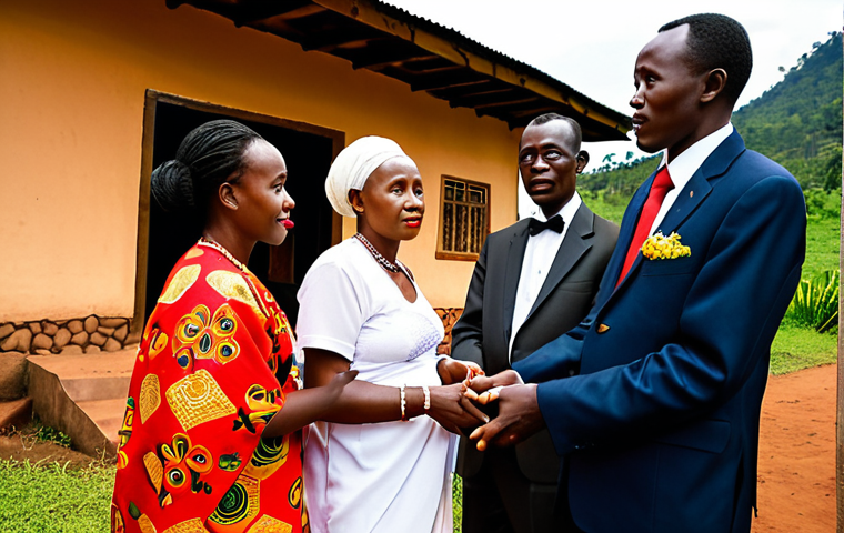 A vibrant and respectful Rwandan wedding tradition scene, capturing the 'Gusaba' (formal proposal) or 'Inkwano' negotiation. Elderly family members in rich, traditional attire are engaged in a solemn yet hopeful discussion, symbolizing the bonding of two lineages. A glimpse of the young couple looking on with anticipation. Focus on cultural authenticity, intricate details of clothing, warm light, and a dignified atmosphere. Traditional Rwandan house or natural backdrop.
