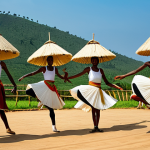 A group of male Rwandan Intore dancers in powerful motion, showcasing high jumps and precise martial movements. They wear imposing Imishanana headdresses made of sisal or plant fibers, and traditional skirts made of natural fibers. The setting is an outdoor, vibrant traditional performance space, with a backdrop of lush Rwandan hills. The scene is illuminated by natural light, highlighting the dancers' strength and dignity. Accompanying the dance are majestic Ingoma drums. Fully clothed, modest clothing, appropriate attire, professional dress, safe for work, appropriate content, perfect anatomy, correct proportions, natural pose, well-formed hands, proper finger count, natural body proportions, professional photography, high quality, family-friendly.