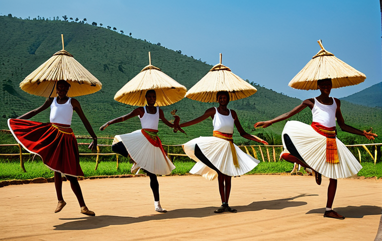 A group of male Rwandan Intore dancers in powerful motion, showcasing high jumps and precise martial movements. They wear imposing Imishanana headdresses made of sisal or plant fibers, and traditional skirts made of natural fibers. The setting is an outdoor, vibrant traditional performance space, with a backdrop of lush Rwandan hills. The scene is illuminated by natural light, highlighting the dancers' strength and dignity. Accompanying the dance are majestic Ingoma drums. Fully clothed, modest clothing, appropriate attire, professional dress, safe for work, appropriate content, perfect anatomy, correct proportions, natural pose, well-formed hands, proper finger count, natural body proportions, professional photography, high quality, family-friendly.