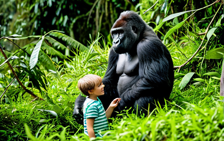 Mountain Gorilla Encounter**

A family-friendly scene of tourists, fully clothed in appropriate hiking gear, observing a family of mountain gorillas in Volcanoes National Park, Rwanda. Lush green foliage surrounds them. Natural lighting, perfect anatomy, correct proportions, well-formed hands, proper finger count, professional photography, safe for work, appropriate content, modest, professional.

**