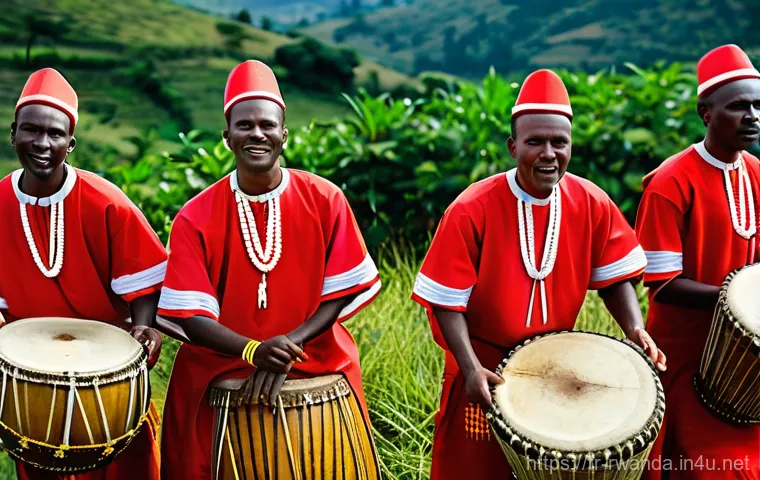 르완다의 전통 음악 공연 - **Prompt for Ingoma (Royal Drums):**
    "A powerful and majestic scene featuring a group of Rwandan...