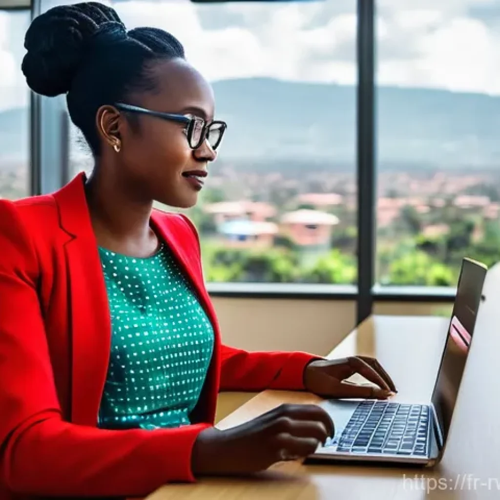 르완다와 국제 교류 사례 - **Kigali Tech Innovation Hub:** A dynamic, brightly lit scene inside a modern tech incubator in Kiga...