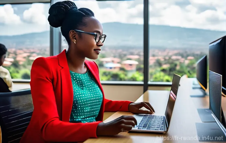 르완다와 국제 교류 사례 - **Kigali Tech Innovation Hub:** A dynamic, brightly lit scene inside a modern tech incubator in Kiga...