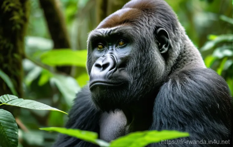 르완다산 고릴라 트레킹 - A powerful silverback mountain gorilla is peacefully observed in its natural habitat within the dens...