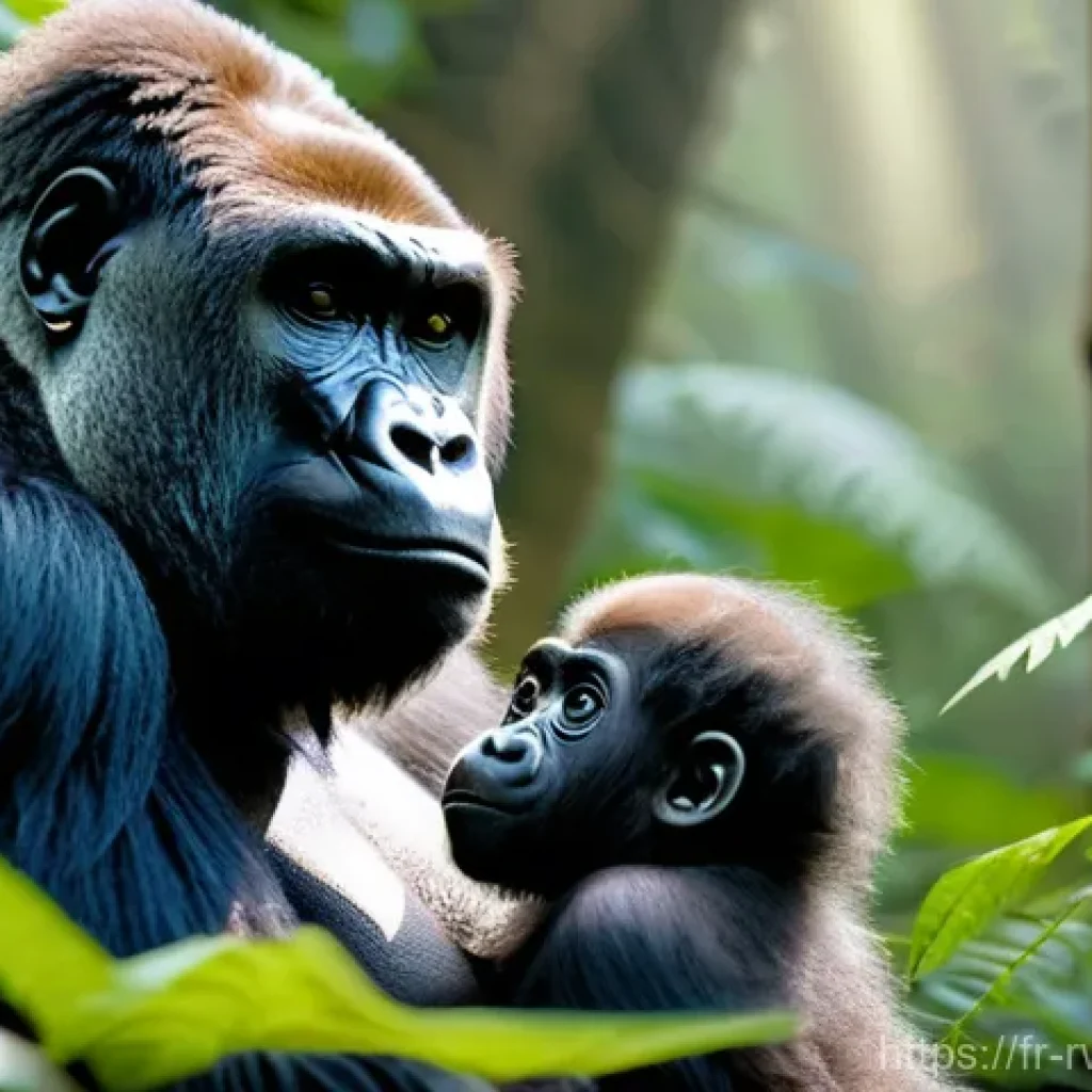 르완다의 생태 보호구역 - **Mountain Gorilla Family in Misty Forest:**
    A majestic silverback mountain gorilla is seen in i...