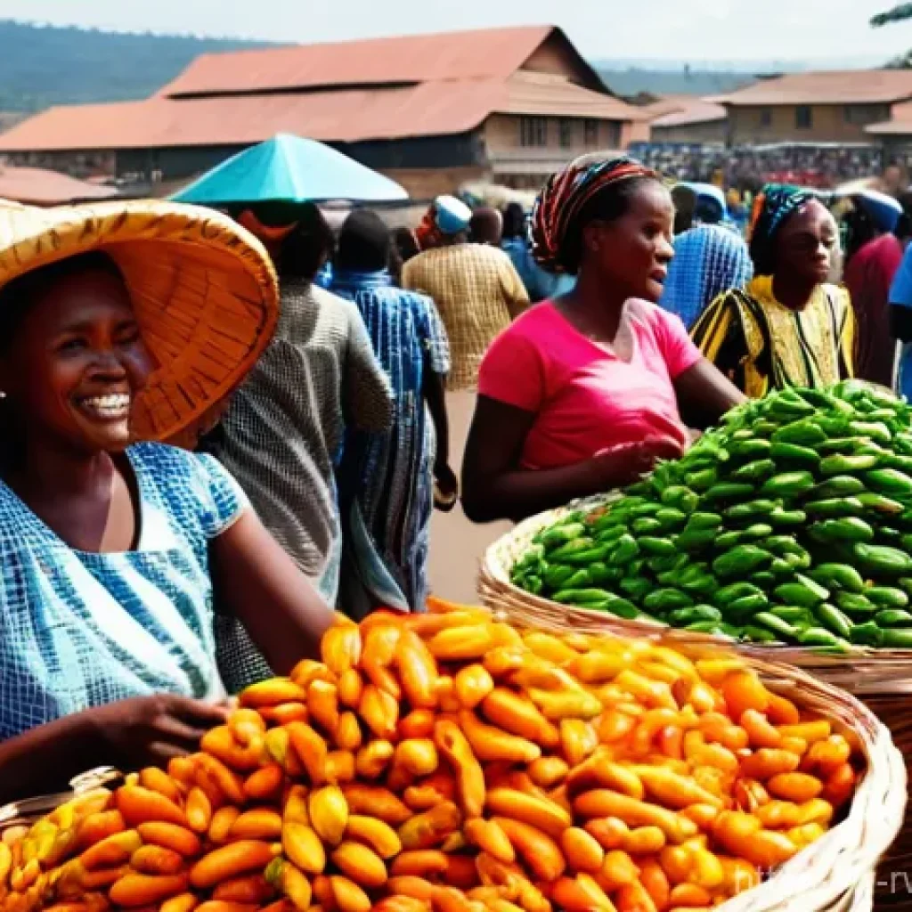 르완다에서의 지역 시장 탐방 - **Vibrant Kimironko Market Scene:** A bustling wide-angle shot of Kimironko Market in Kigali, Rwanda...