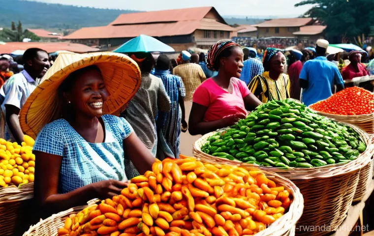 르완다에서의 지역 시장 탐방 - **Vibrant Kimironko Market Scene:** A bustling wide-angle shot of Kimironko Market in Kigali, Rwanda...