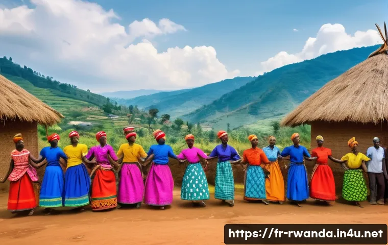 르완다에서의 로컬 투어 - A vibrant Rwandan village scene during a traditional dance celebration, featuring local men and wome...