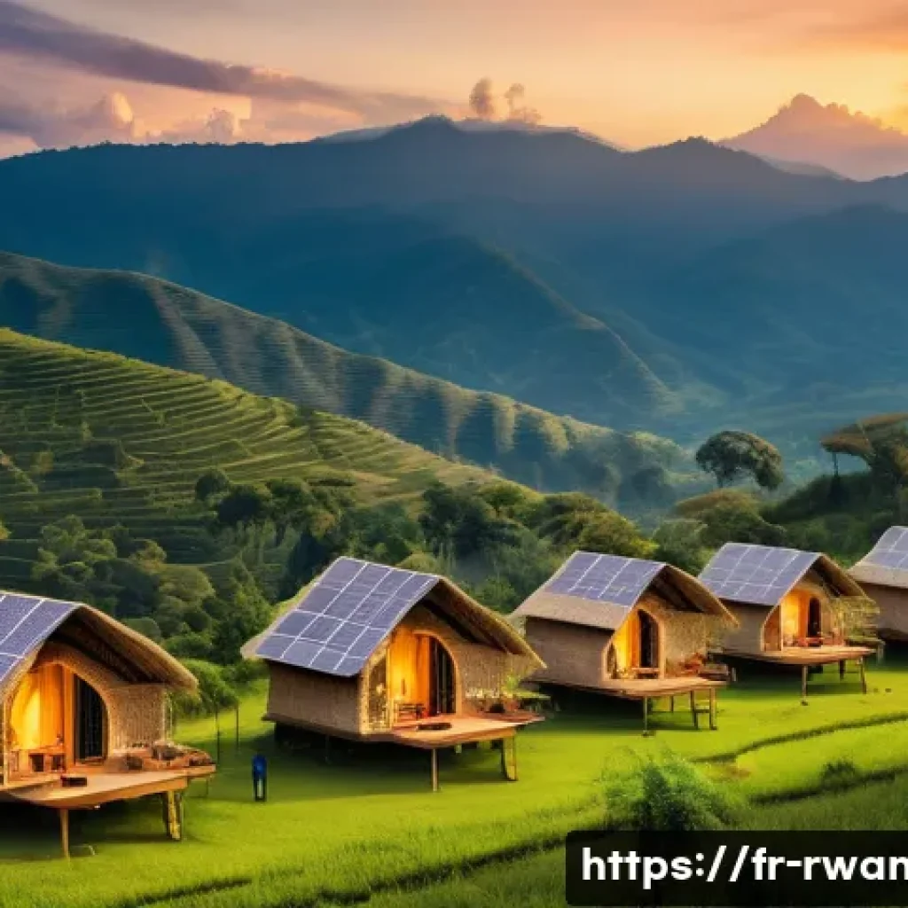 르완다에서의 에코 캠핑 - A serene eco-friendly camping site nestled in the lush green hills of Rwanda at golden hour, featuri...