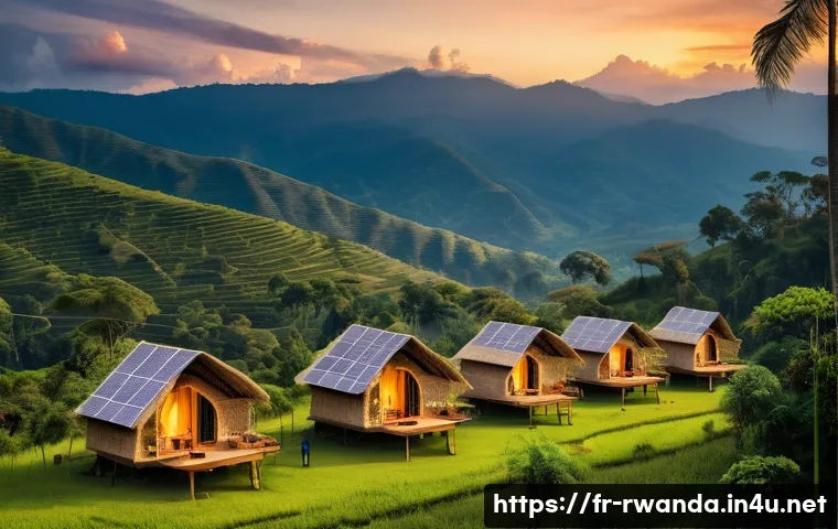르완다에서의 에코 캠핑 - A serene eco-friendly camping site nestled in the lush green hills of Rwanda at golden hour, featuri...