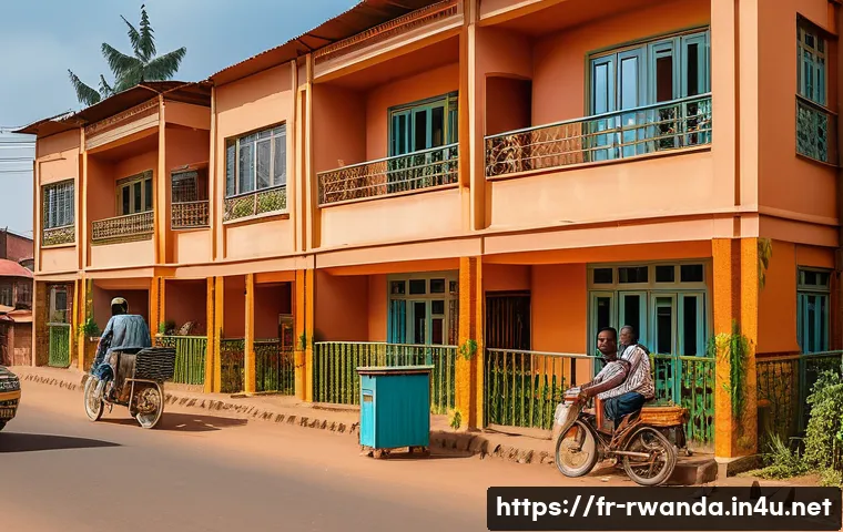 르완다의 주거 시설 - A vibrant urban street scene in Kigali showcasing a harmonious blend of traditional Rwandan brick ho...