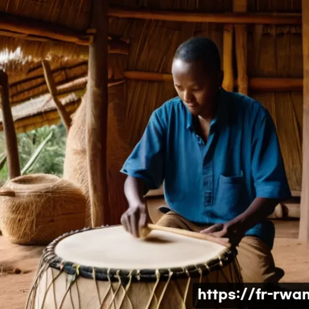 르완다의 전통 악기 제작 - A skilled Rwandan artisan crafting a traditional Ingoma royal drum in a rustic workshop setting, sur...