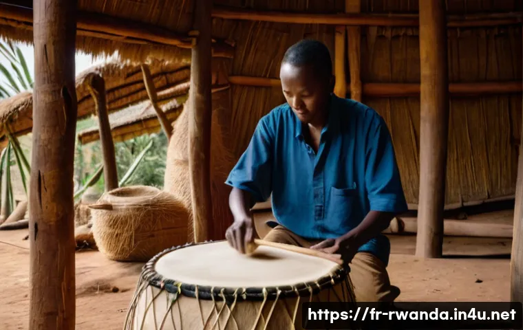 르완다의 전통 악기 제작 - A skilled Rwandan artisan crafting a traditional Ingoma royal drum in a rustic workshop setting, sur...