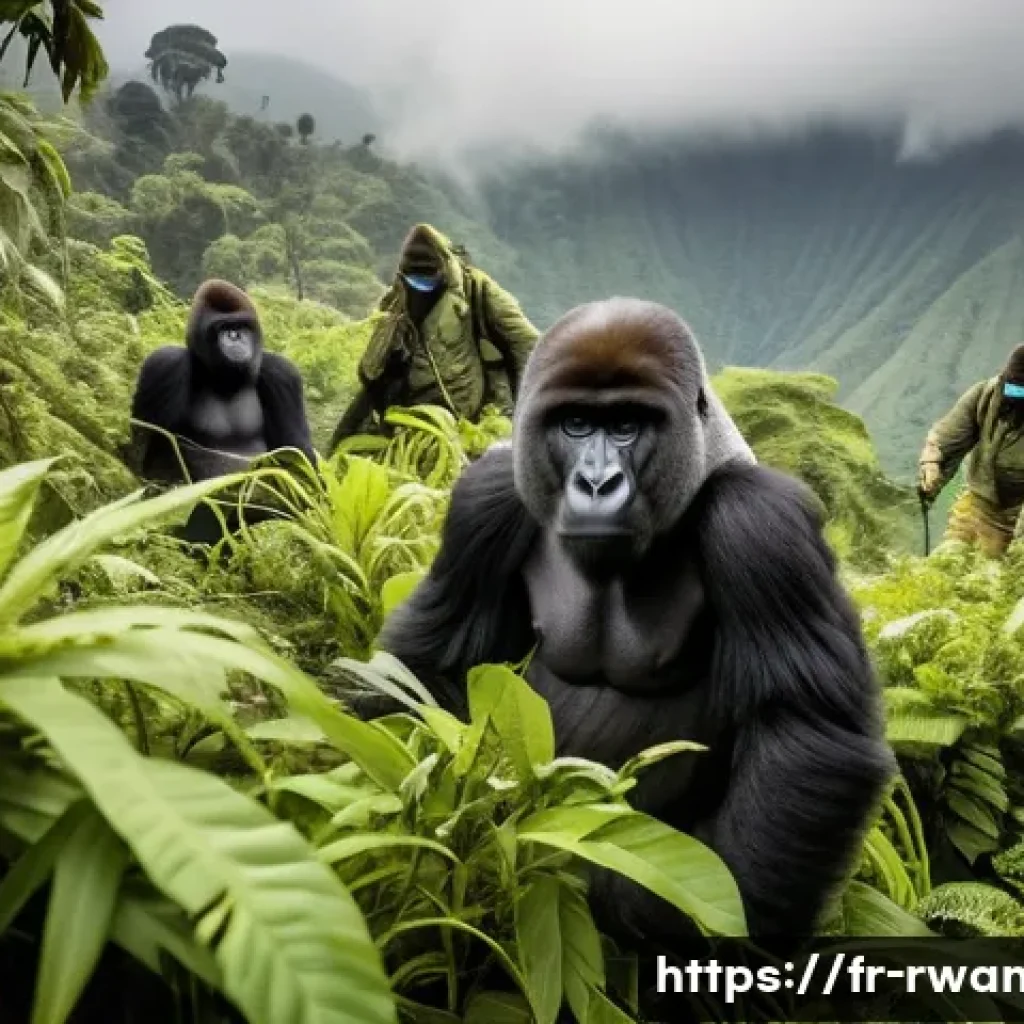 르완다 관광 산업 성장 - A vibrant scene of a Rwandan mountain gorilla trekking expedition in the Virunga volcanic forests, s...