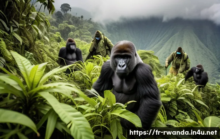 르완다 관광 산업 성장 - A vibrant scene of a Rwandan mountain gorilla trekking expedition in the Virunga volcanic forests, s...