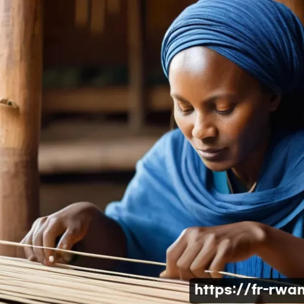 르완다의 전통 직물 전시회 - A close-up scene of a skilled Rwandan master weaver at a traditional wooden loom, intricately weavin...