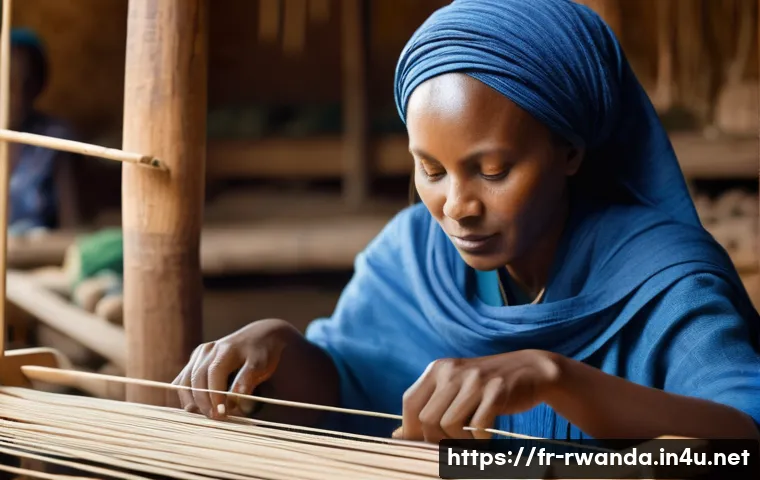 르완다의 전통 직물 전시회 - A close-up scene of a skilled Rwandan master weaver at a traditional wooden loom, intricately weavin...