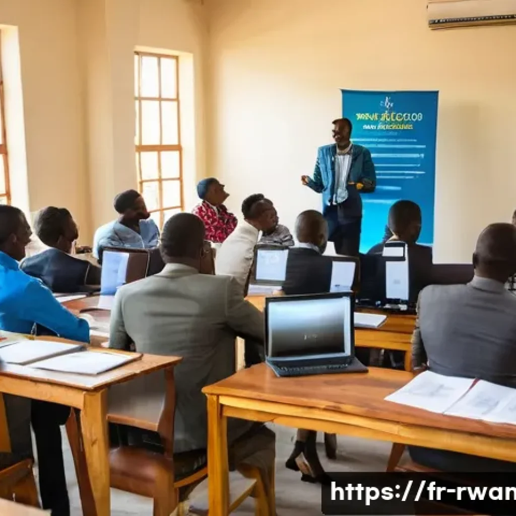 르완다의 중소기업 지원 - A vibrant training workshop scene in Kigali, Rwanda, showing a diverse group of young Rwandan entrep...