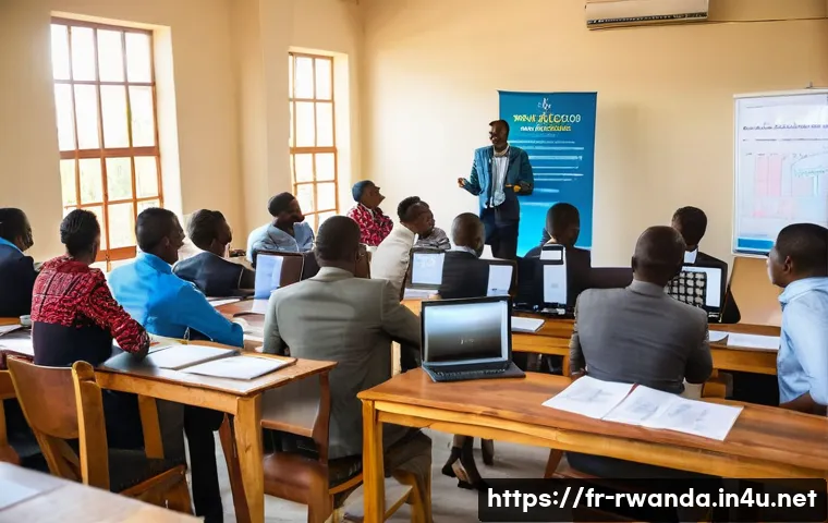 르완다의 중소기업 지원 - A vibrant training workshop scene in Kigali, Rwanda, showing a diverse group of young Rwandan entrep...