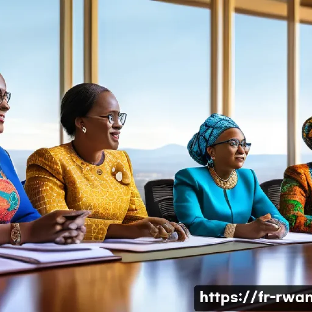 르완다의 여성 지도자 - A vibrant scene depicting a diverse group of Rwandan women leaders in a modern parliamentary chamber...