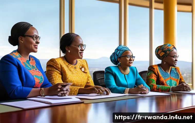 르완다의 여성 지도자 - A vibrant scene depicting a diverse group of Rwandan women leaders in a modern parliamentary chamber...