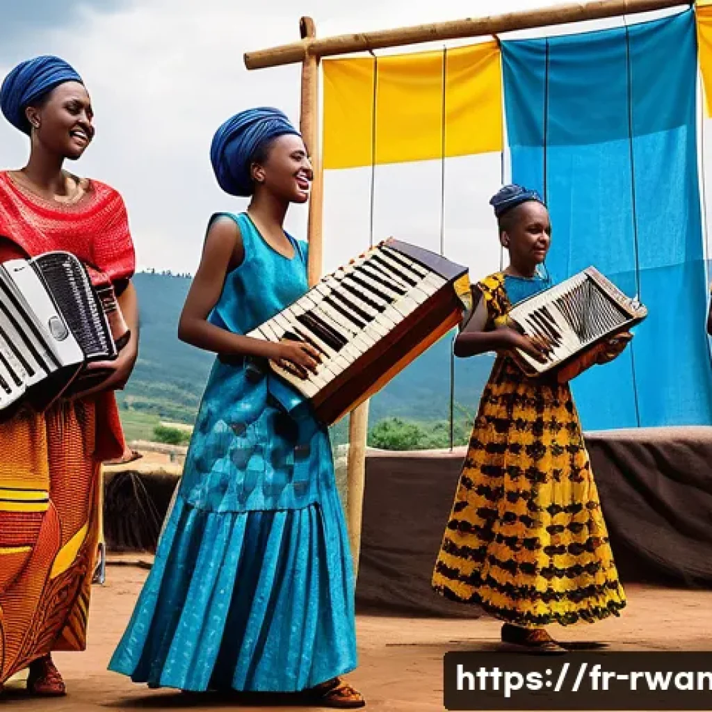르완다 민속 음악의 현대적 변화 - A vibrant scene of young Rwandan musicians performing on a colorful outdoor stage at a local festiva...