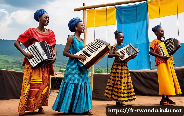 르완다 민속 음악의 현대적 변화 - A vibrant scene of young Rwandan musicians performing on a colorful outdoor stage at a local festiva...