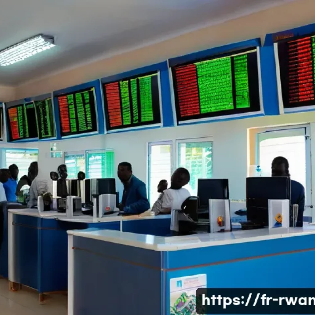 르완다에서의 환율 정보 - A bustling currency exchange office in Kigali, Rwanda, showing a diverse group of customers includin...