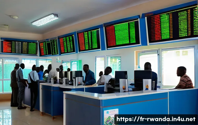 르완다에서의 환율 정보 - A bustling currency exchange office in Kigali, Rwanda, showing a diverse group of customers includin...