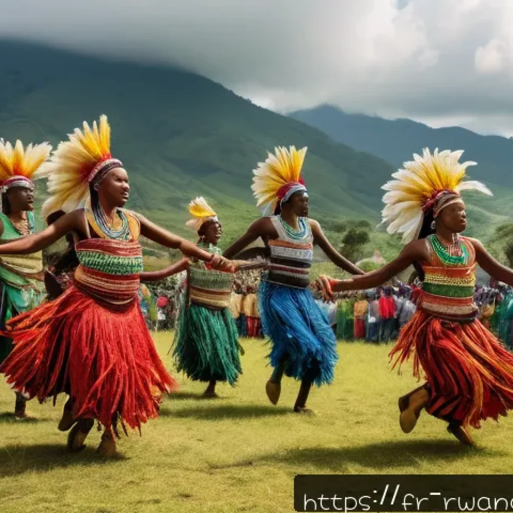 르완다의 주요 민속 문화 전시회 - A vibrant scene of traditional Rwandan Intore dancers performing outdoors during a cultural festival...