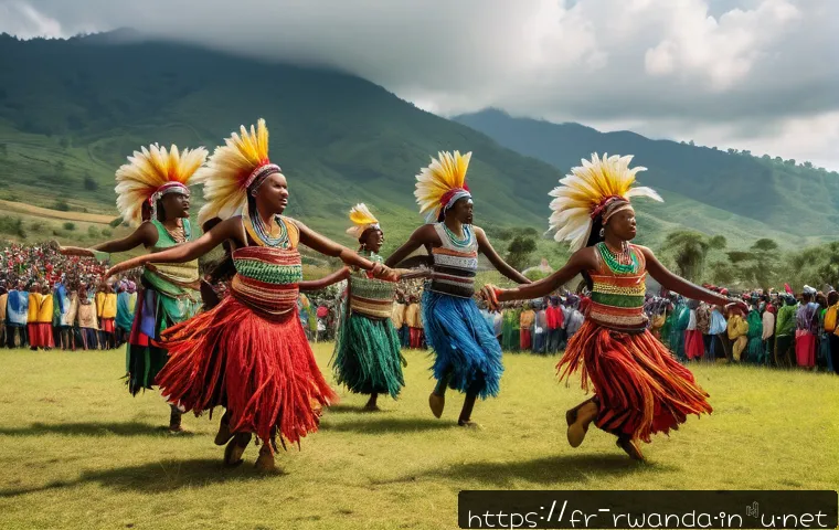 르완다의 주요 민속 문화 전시회 - A vibrant scene of traditional Rwandan Intore dancers performing outdoors during a cultural festival...