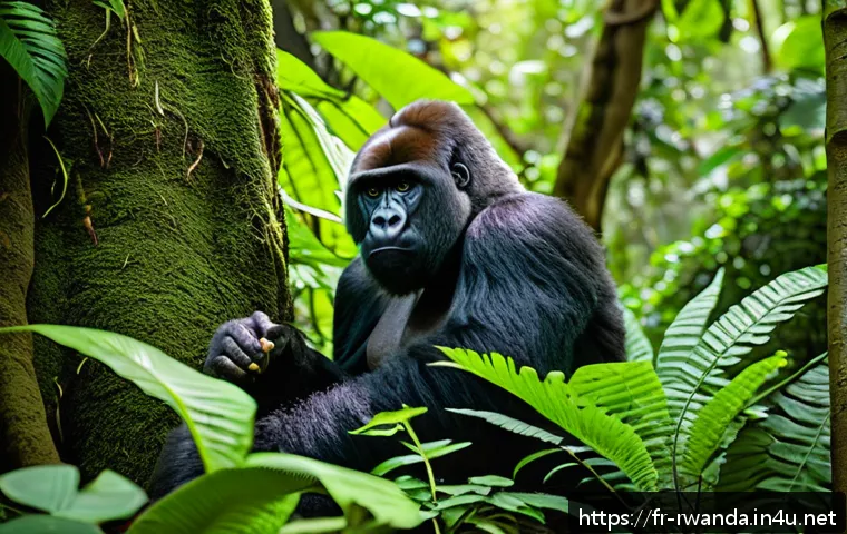 르완다의 주요 에코투어 목적지 - A vibrant Rwandan tropical rainforest scene during daylight, showcasing dense green foliage, towerin...