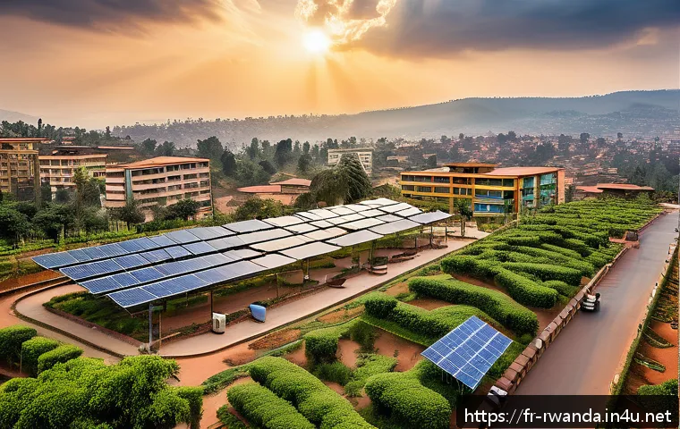 르완다 주요 뉴스 - A vibrant urban scene in Kigali showcasing a smart city environment at sunset, with modern buildings...