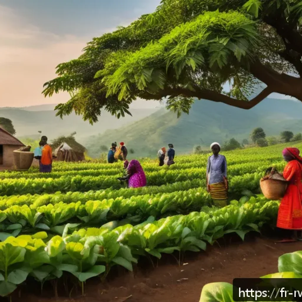 르완다 지역 주민 인터뷰 - A vibrant rural Rwandan village scene at sunrise showcasing diverse agricultural activities: farmers...