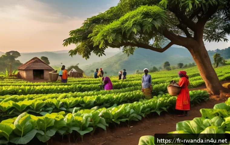 르완다 지역 주민 인터뷰 - A vibrant rural Rwandan village scene at sunrise showcasing diverse agricultural activities: farmers...