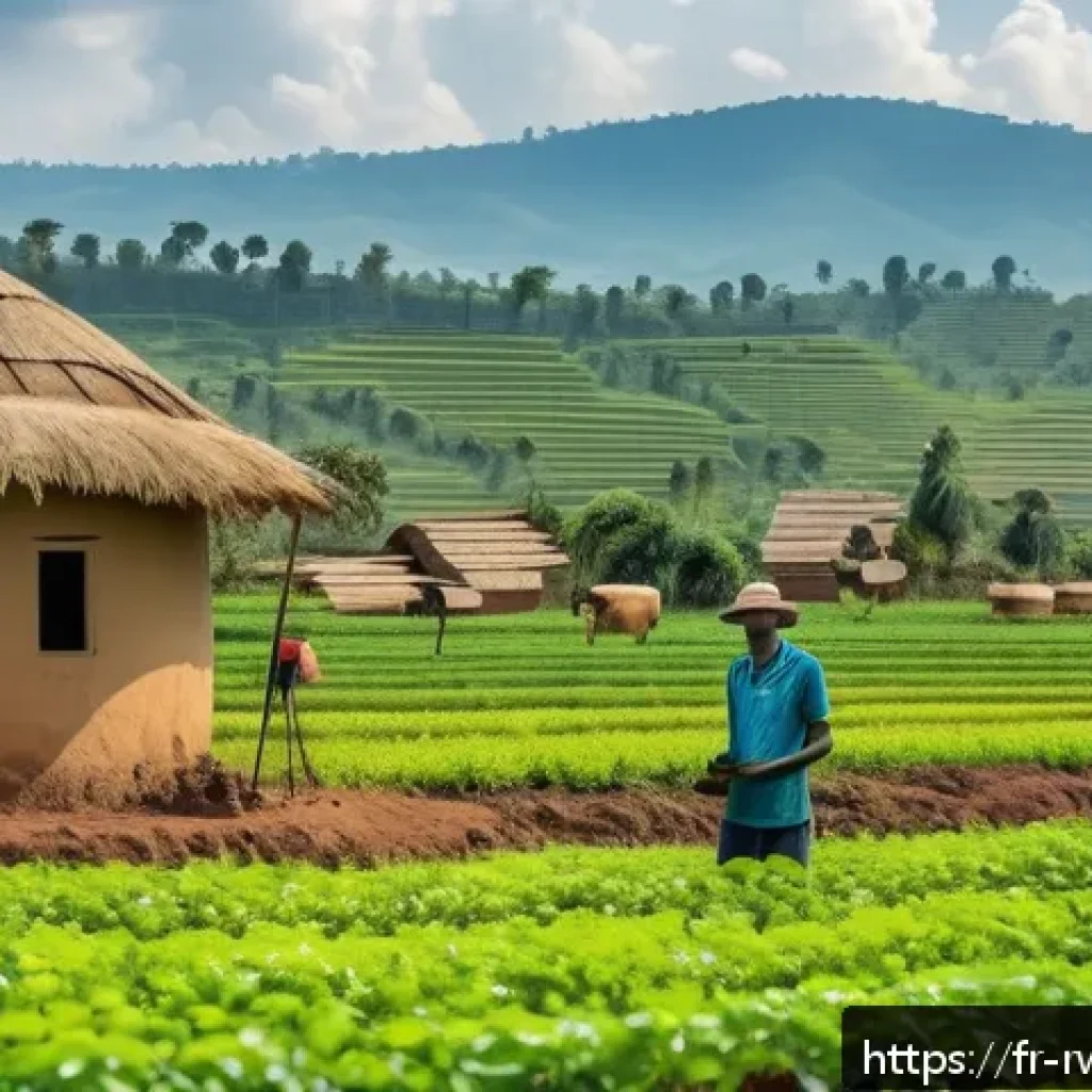 르완다 국제 개발 프로젝트 - A vibrant rural Rwandan farm scene showcasing the adoption of smart agriculture technology: drones f...