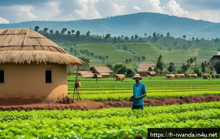르완다 국제 개발 프로젝트 - A vibrant rural Rwandan farm scene showcasing the adoption of smart agriculture technology: drones f...