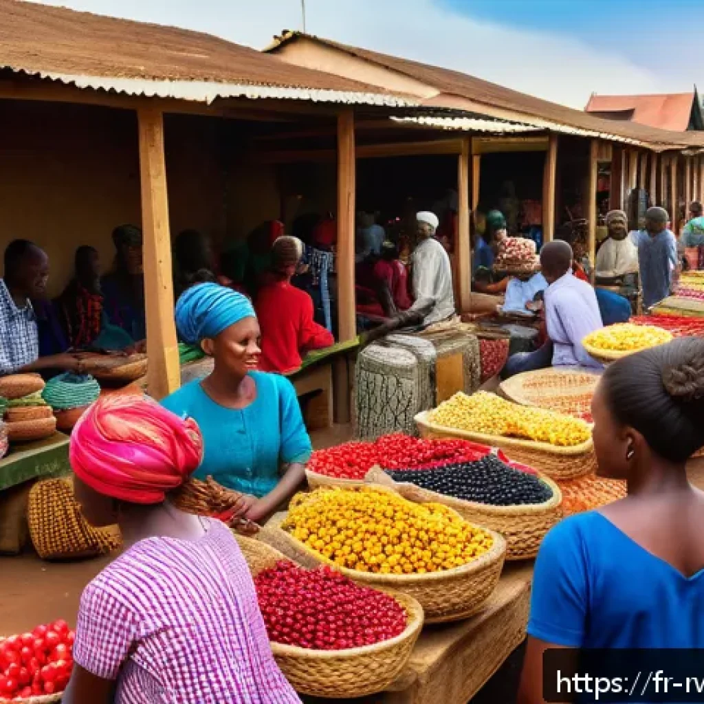 르완다의 중고 시장 - A bustling Kigali local market scene at dawn, with vibrant stalls displaying second-hand vintage clo...