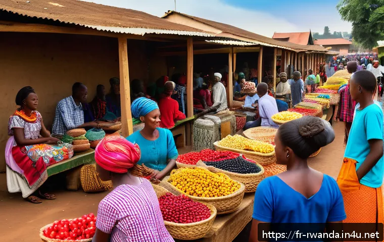 르완다의 중고 시장 - A bustling Kigali local market scene at dawn, with vibrant stalls displaying second-hand vintage clo...