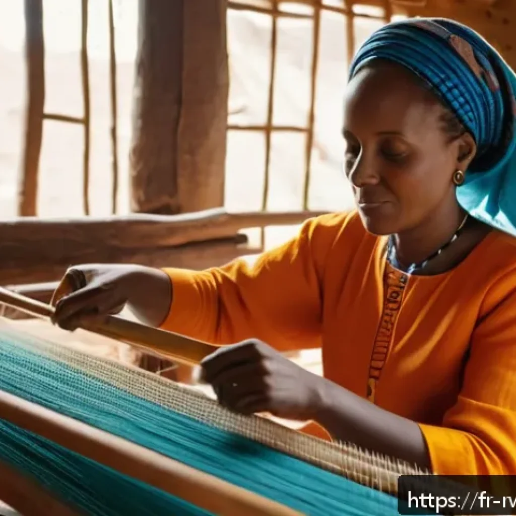르완다의 전통 직물 학교 - A vibrant Rwandan artisan woman weaving traditional textile on a handcrafted loom in a sunlit worksh...